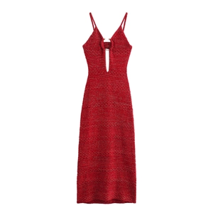 Elegant red knit midi dress with V-neckline and metal ring detail for women