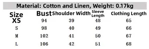 Size chart showing XS-L measurements for the cotton and linen printed vacation shirt