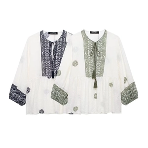 Womens summer boho printed shirts with V-neck tassels and retro geometric embroidery