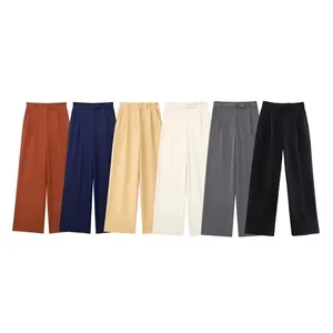 Pantalon Plissé À Taille Haute Et Jambes Larges Pour Femmes Couleur Unie Pantalon De Costume Droit Casual Office Workwear