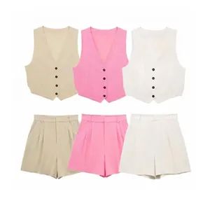 Women's Casual V Neck Sleeveless Button Waistcoat And High Waist Slit Shorts Two Piece Outfit Summer Streetwear Fashion Clothes