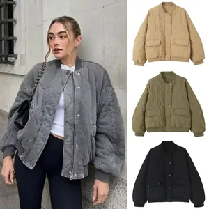 Women Casual Quilted Bomber Jacket Loose Washed Cotton Padded Coat Solid Color Stand Collar Pockets Warm Outerwear