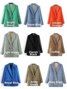 Color options for double-breasted blazers including green, blue, orange, and black variants