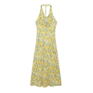Ärmelloses Neckholder-Sommerkleid in A-Linie mit gelbem Blattmuster und Rückenausschnitt