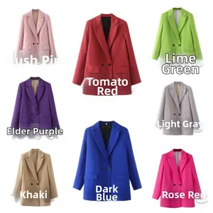 Collage of women's double-breasted blazers shown in eight different vibrant colors