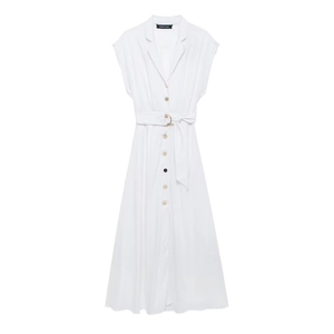 Robe chemise sans manches blanche élégante avec ceinture assortie et col classique