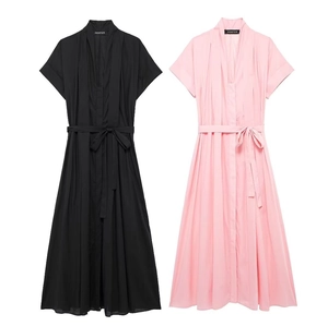 Elegant V-neck midi shirt dress with waist tie in classic black and soft pink colors