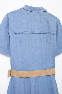 Back view of blue short sleeve midi dress with shirt collar and tan woven belt