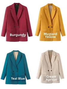 Detail view of double-breasted blazers in burgundy, mustard, teal, and apricot colors