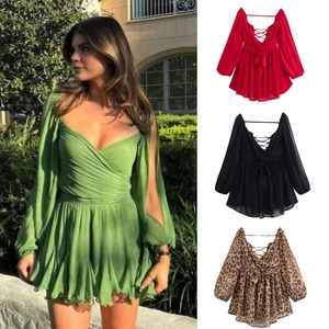 Women's Elegant V-Neck Backless Lantern Sleeve Mini Dress Sexy Lace-Up Waist Tie A-Line Pleated Chiffon Party Dress