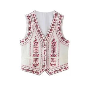 Retro V-neck embroidered vest for women in beige cotton-linen with ethnic floral patterns