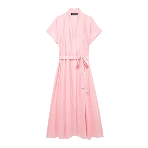 Pink short sleeve V-neck midi shirt dress with button pleats and a matching waist tie