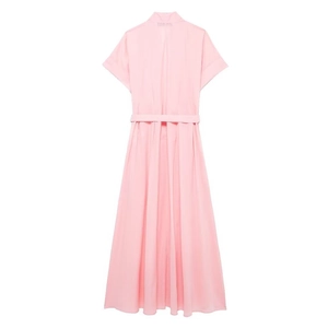 Elegant light pink short sleeve shirt dress with waist tie belt and sleek back design