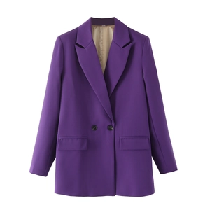 Detail view of purple double-breasted blazer showing lapels and black round buttons