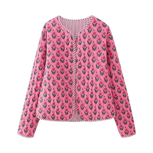 Women summer quilted jacket with pink floral print and red striped trim edges