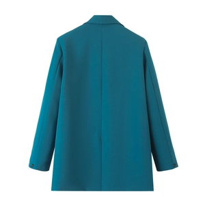Back view of a casual teal blazer featuring smooth fabric and single-button cuff details