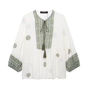 Bohemian off-white long sleeve blouse with green ethnic embroidery and tassel ties