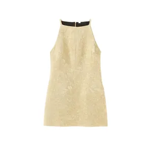 Damen Halter Mini Kleid Metallischer Glanz Plissee Textur Hohe Taille A-Linie Party Abend Club Kurzes Kleid Gold