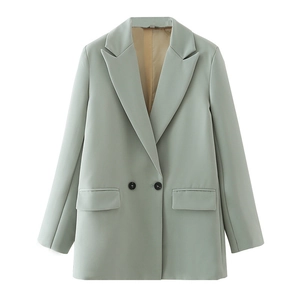 Detail of light green oversized blazer with notch lapels and black contrast buttons