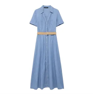 Women Summer Casual Denim Look Shirt Dress With Braided Belt Short Sleeve Lapel A-Line Maxi Dress Streetwear