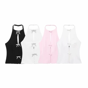 Damen Halterneck-Tops mit Frontschlitz und Schleifendetails in vier klassischen Farben
