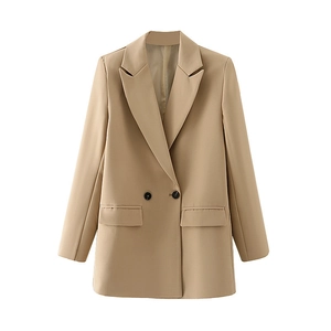 Detailed view of the khaki blazer featuring classic lapels and symmetrical flap pockets