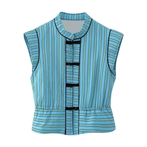 Women's blue striped sleeveless vest with traditional Chinese buttons and stand collar