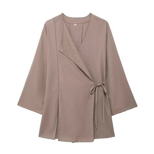 Women's V-neck taupe linen wrap blazer set with side tie detail and long slit pants