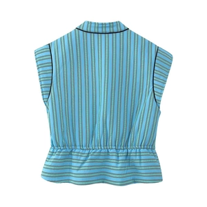 Women's blue striped sleeveless top with lapel collar and elastic waist back view