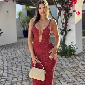 Women Red Knit Cami Midi Dress Sexy Cut Out Metal Ring Bodycon Glitter Evening Party Vacation Summer Elegant Dress