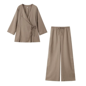 Women's two-piece khaki linen set featuring V-neck wrap top and drawstring wide-leg pants
