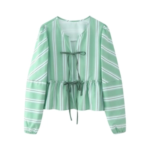 Women's green striped V-neck long sleeve blouse with bow and ruffle hem detail