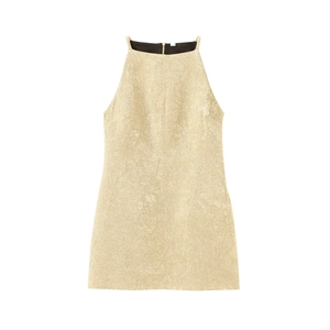 Ärmelloses Mini-Neckholder-Kleid für Damen in Champagner-Gold mit glänzendem Strukturstoff