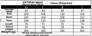 Tableau des tailles détaillé pour ensemble chemise imprimée avec mesures de XS à L