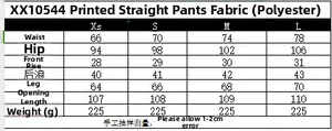 Guide des tailles pour pantalon imprimé femme avec mesures détaillées en centimètres