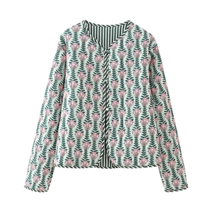 Women's floral print cotton cardigan jacket with striped lining and button closure