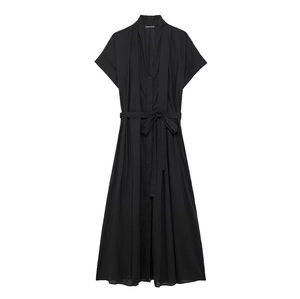 Elegant black short sleeve shirt dress with waist tie and A-line skirt on white background