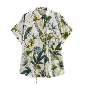 Chemisier d'été imprimé tropical pour femme avec taille à cordon et col à revers