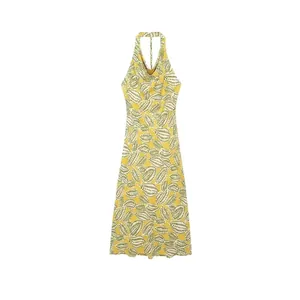 Damen Neckholder Maxi Kleid Blatt Druck Sommer Urlaub Strand Rückenfrei Hohe Taille Elegant Ärmellos A-Linie Langes Kleid