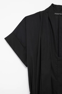 Detail view of black shirt dress sleeve and collar with high quality stitching and texture