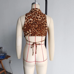 Detail view of leopard print crop top with halter neck and back tie closure