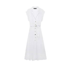 Robe Chemise Sans Manches d'Été pour Femmes Col en V Boutonnage Simple Ligne A Robe Maxi Avec Ceinture Blanc Casual