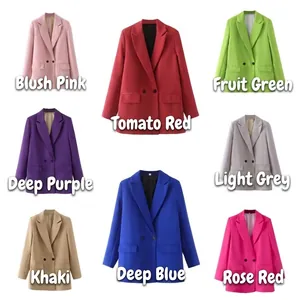 Women's Casual Elegant Double Breasted Blazer Jacket Notch Lapel Mid-Length Solid Color Polyester Suit Coat With Pockets For Office Lady