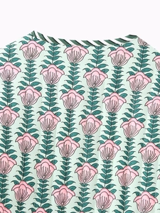 Detail of light green quilted jacket featuring pink floral print and striped collar binding
