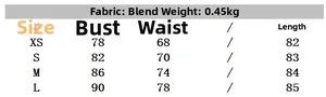 Size guide table for women's slim dress featuring fabric details and measurements