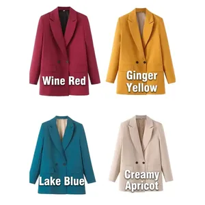Women's casual blazer jackets in wine red, yellow, blue, and apricot colors