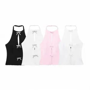 Damen Halterneck Top Mit Schleifendekoration Rückenfrei Strass Slim Fit Sommer Camisole Party Clubwear Weste Für Damen