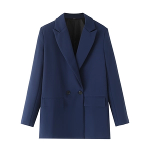 Classic dark blue women's tailored blazer with notched lapel and high-quality fabric