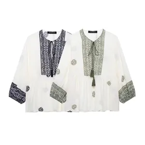 Women's Bohemian Cotton Linen Blouse Ethnic Embroidered V Neck Tassel Tie Loose Lantern Sleeve Holiday Beach Tops
