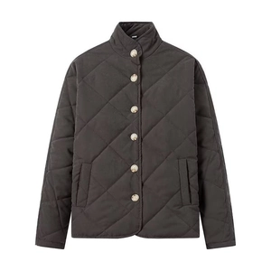 Veste matelassée gris foncé pour femme avec col montant et motifs de diamants